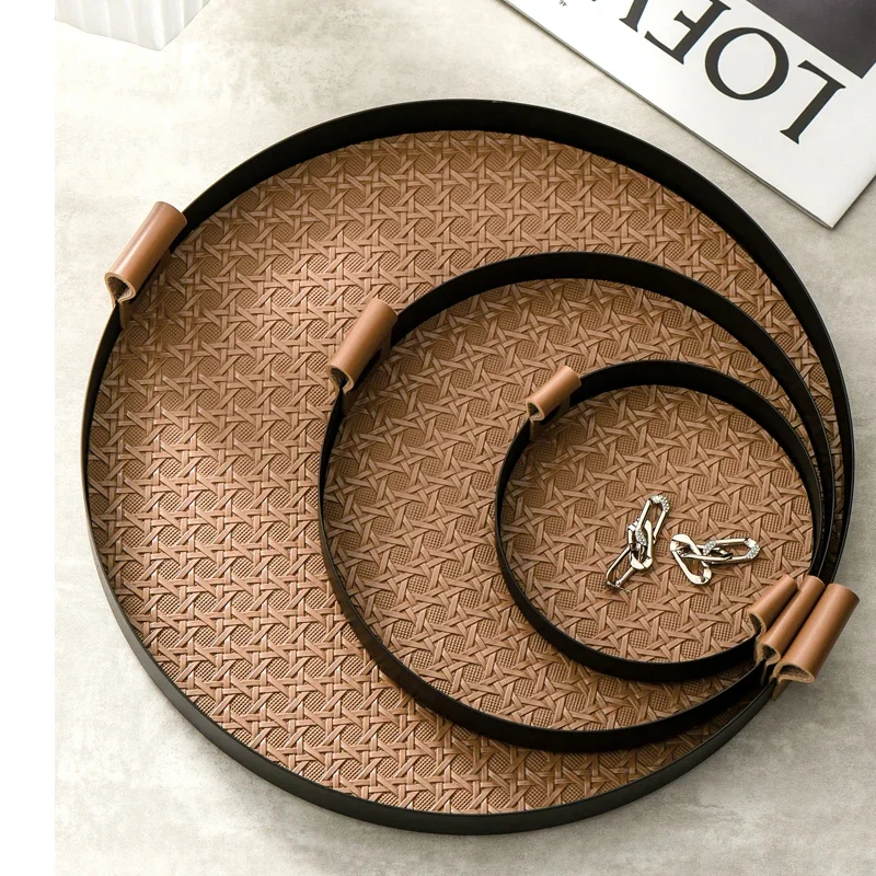 Ahunderjiaz-Rattan Lattice Leather Round Tray, Metal Cosmetic Tray, Storage Jewelry Display Home Decoration