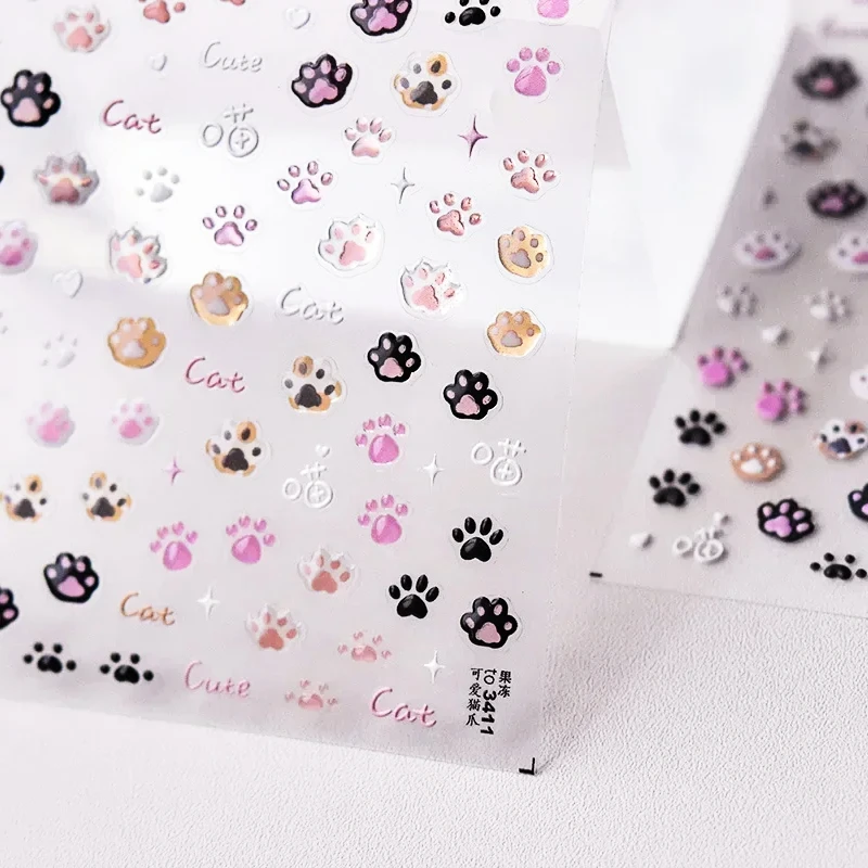 Sweet Pink Cute Cat Paw Print Star Love Heart Jelly Cartoon Kitty Embossed Relief Self Adhesive Nail Art Sticker Manicure Decals