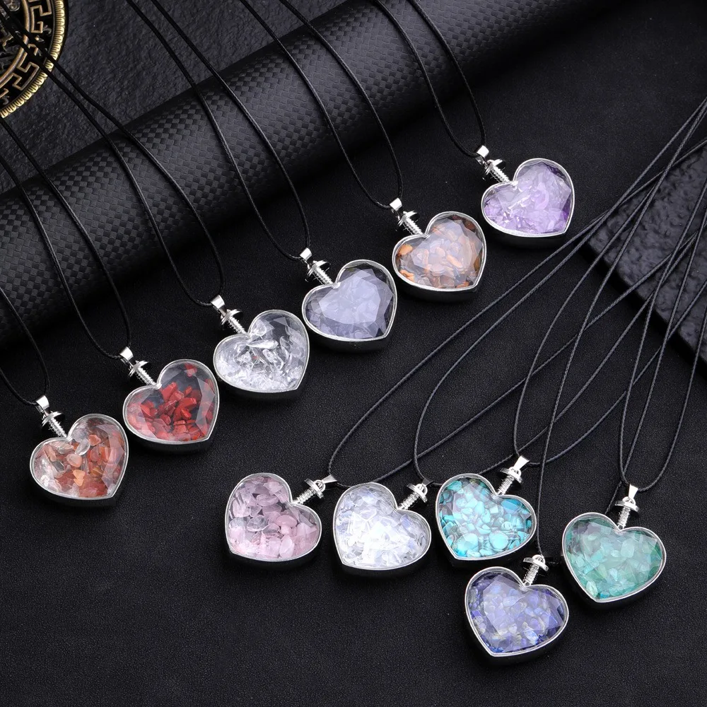 Natural Stone Bottle Necklace For Girls Creative Gift Broken Stone Jewelry Healing Crystal Stone Heart pendant love glass bottle