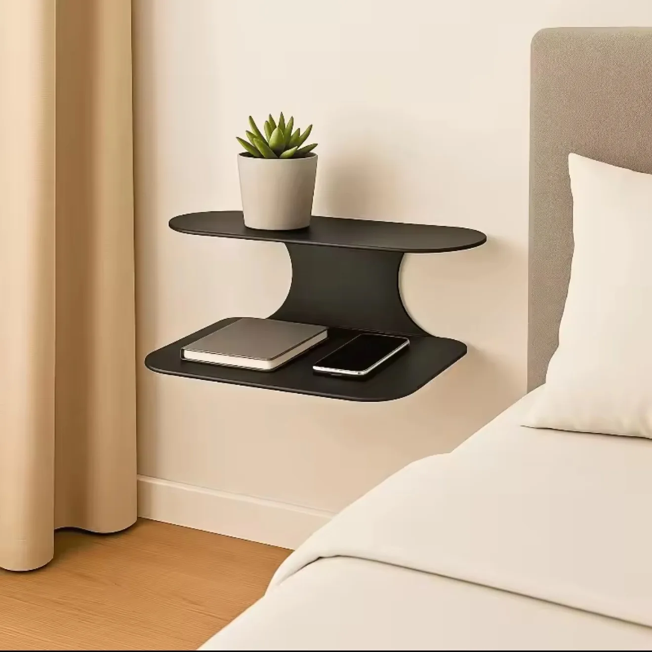 Black Metal 2-tier Floating Nightstand, Wall Mounted Minimalist Shelf for Bedroom, Plant, Phone & Book Storage