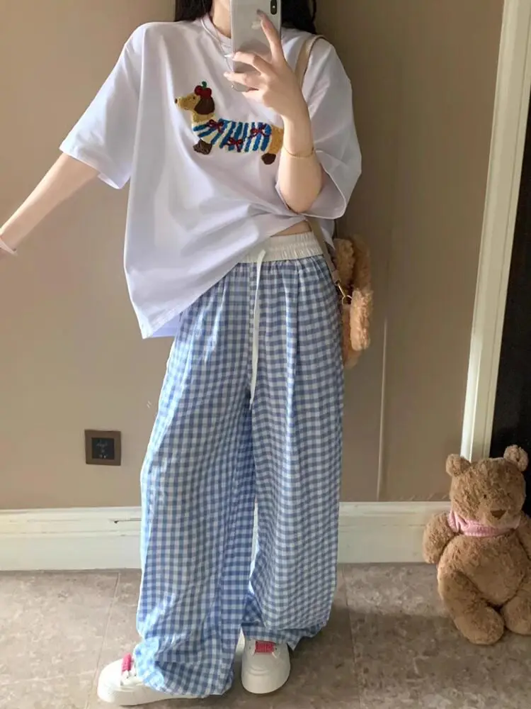 

Весенние свободные прямые брюки-палаццо в синюю клетку для девочек, повседневные, с натуральной талией, на бретелях, без утяжки, для комфортного ношения