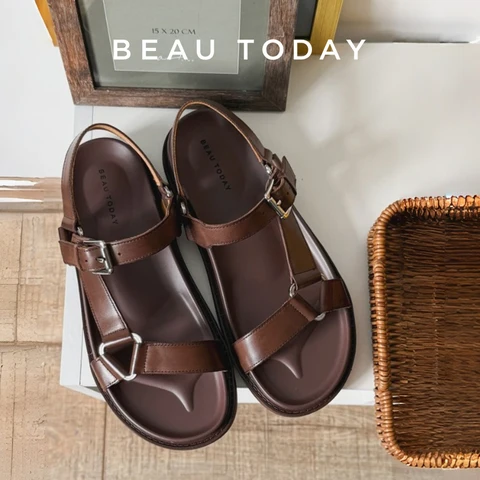 Женские сандалии-гладиаторы BEAUTODAY из коровьей кожи, однотонные, с круглым носком, открытые, на плоской подошве, с ремешком на пряжке, ручной работы, MS3D114