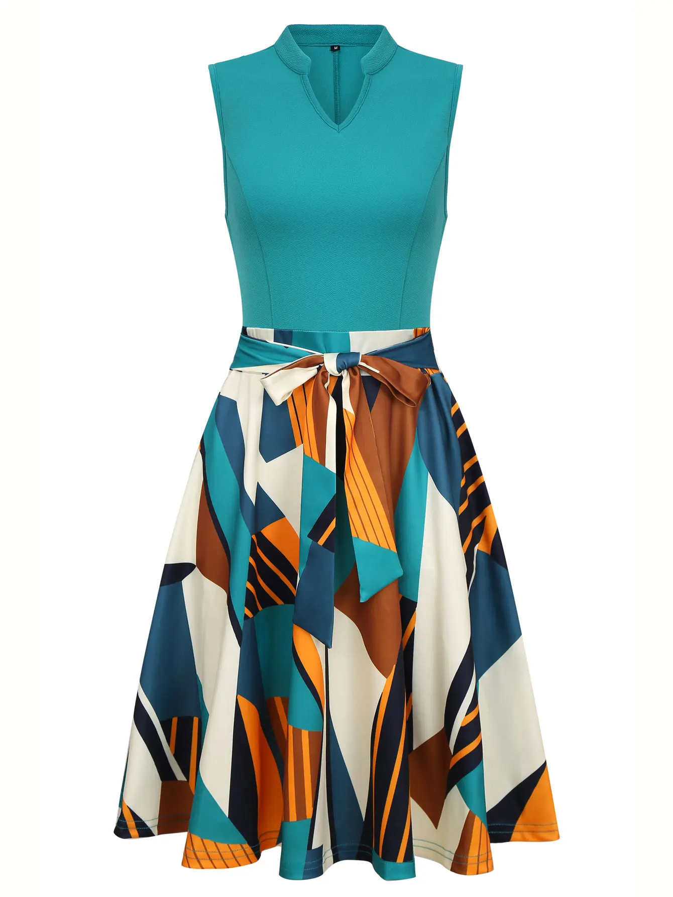 Elegantes Farbblock-Kleid für Damen, Sommer, geometrischer Druck, ärmellos, Gürtel, V-Ausschnitt, ideales Urlaubsoutfit, A-Linien-Midikleid – Detail 6