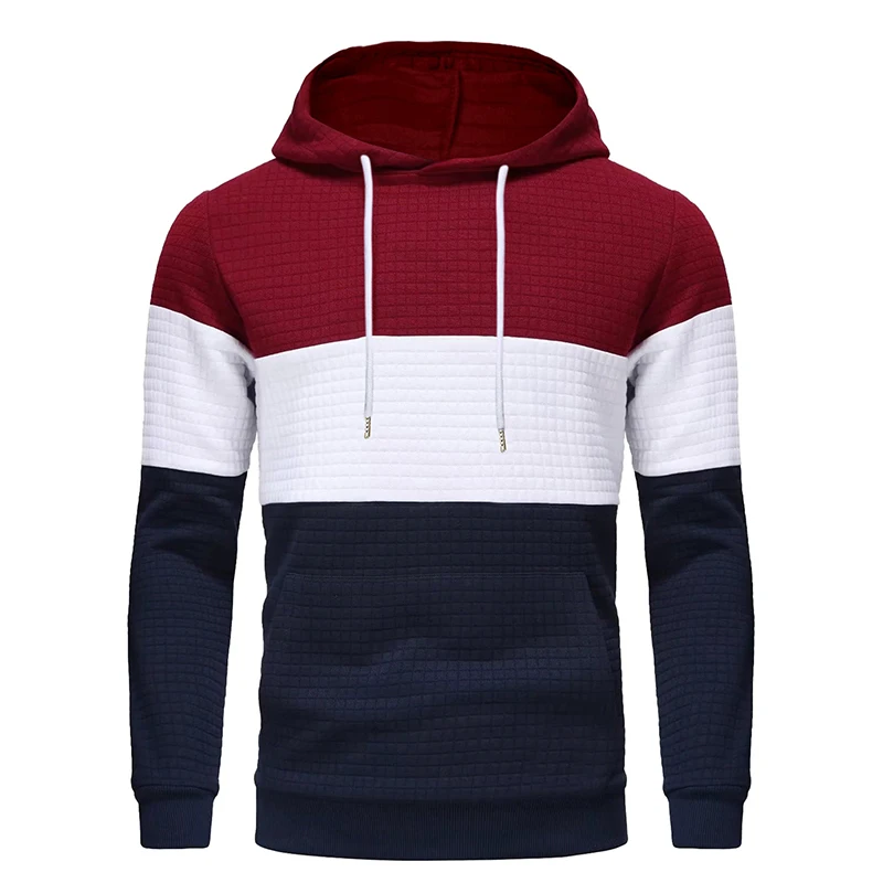 

New Men's Casual Hoodies Long Sleeve Plaid Jacquard Splice Pullover Drawstring Pocket Fashion Hooded Sweatshirts Streetwear Tops