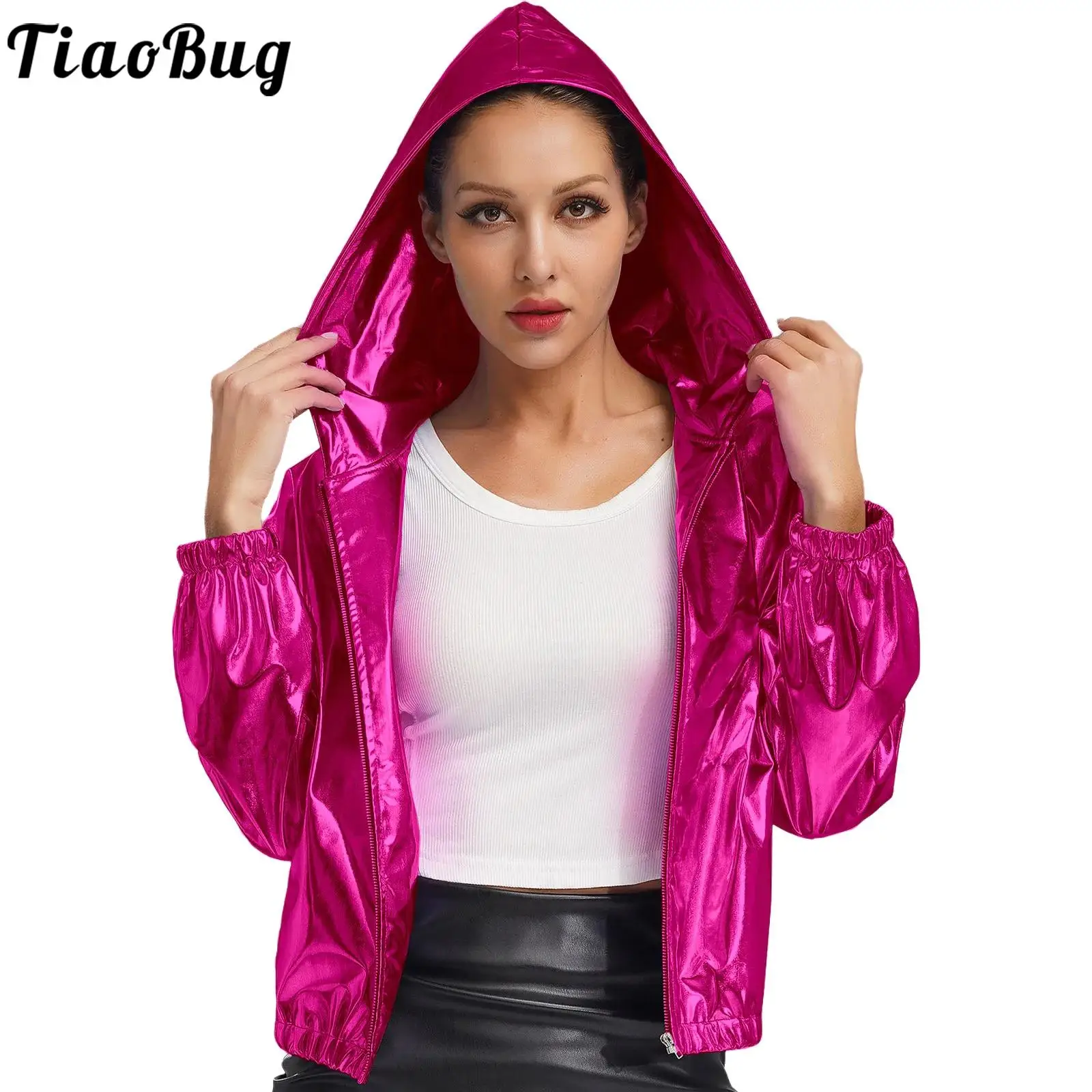 

Holographic Hoodies Jacket for Women Modern Jazz Costume Dancewear Shiny Metallic Long Sleeve Zipper Hooded Coat Sweatshirt