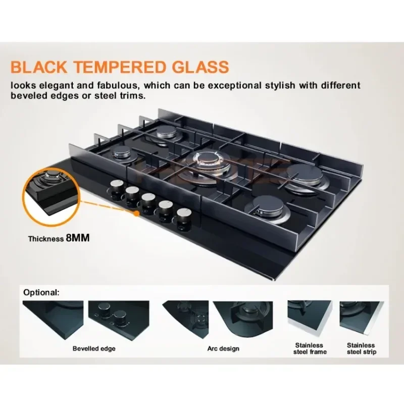 Home cooking appliance 5 burner gas cooktop built in tempered glass gas stove