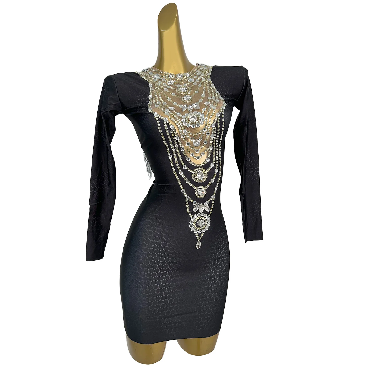 Leizhui Black evening dress new high-end spandex retro party dress silver rhinestone see through mesh splicing birthday dress