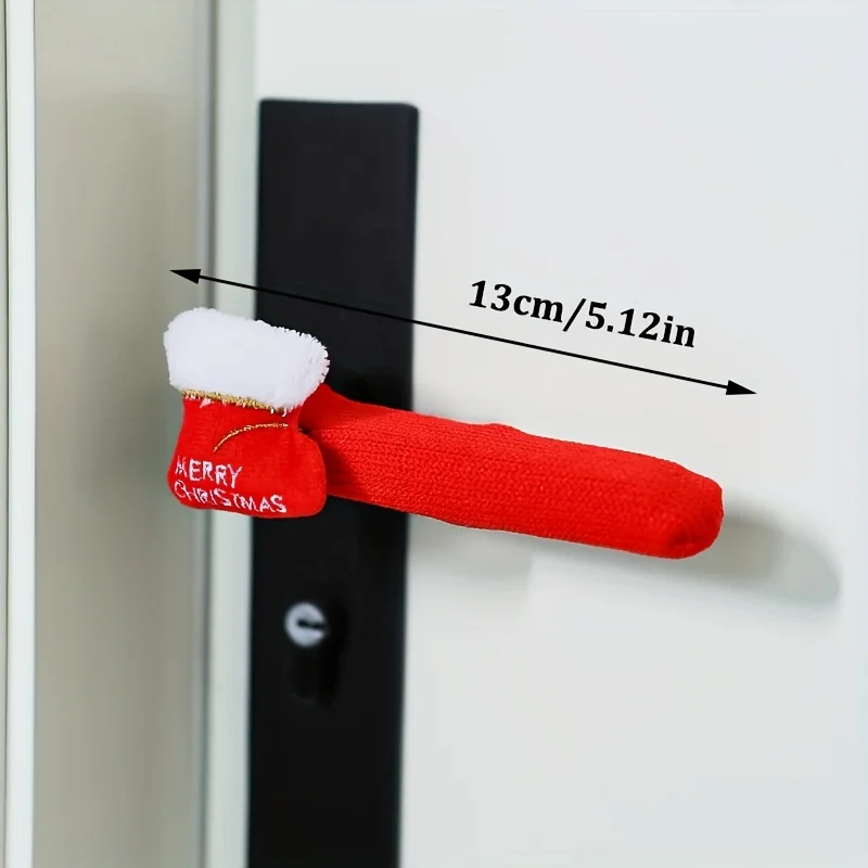 4pcs Festive Santa Claus Door Handle Decoration with White Fuzzy Face & Red Hat - Soft Fabric Christmas Door Knob Cover