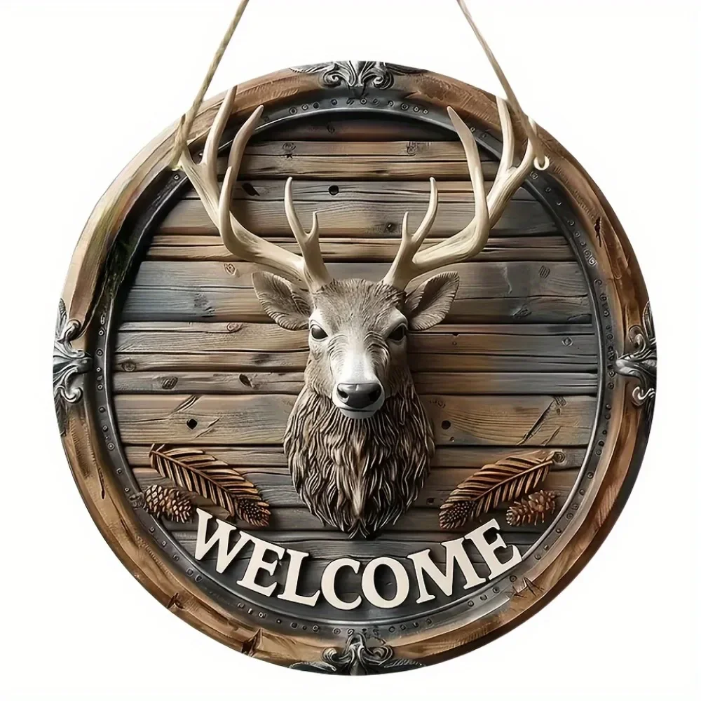 لافتة ترحيب دائرية على شكل قرن الوعل الغزلان - ديكور جداري بمظهر خشبي على الطراز الريفي، فن تعليق أفقي صناعي للمنزل