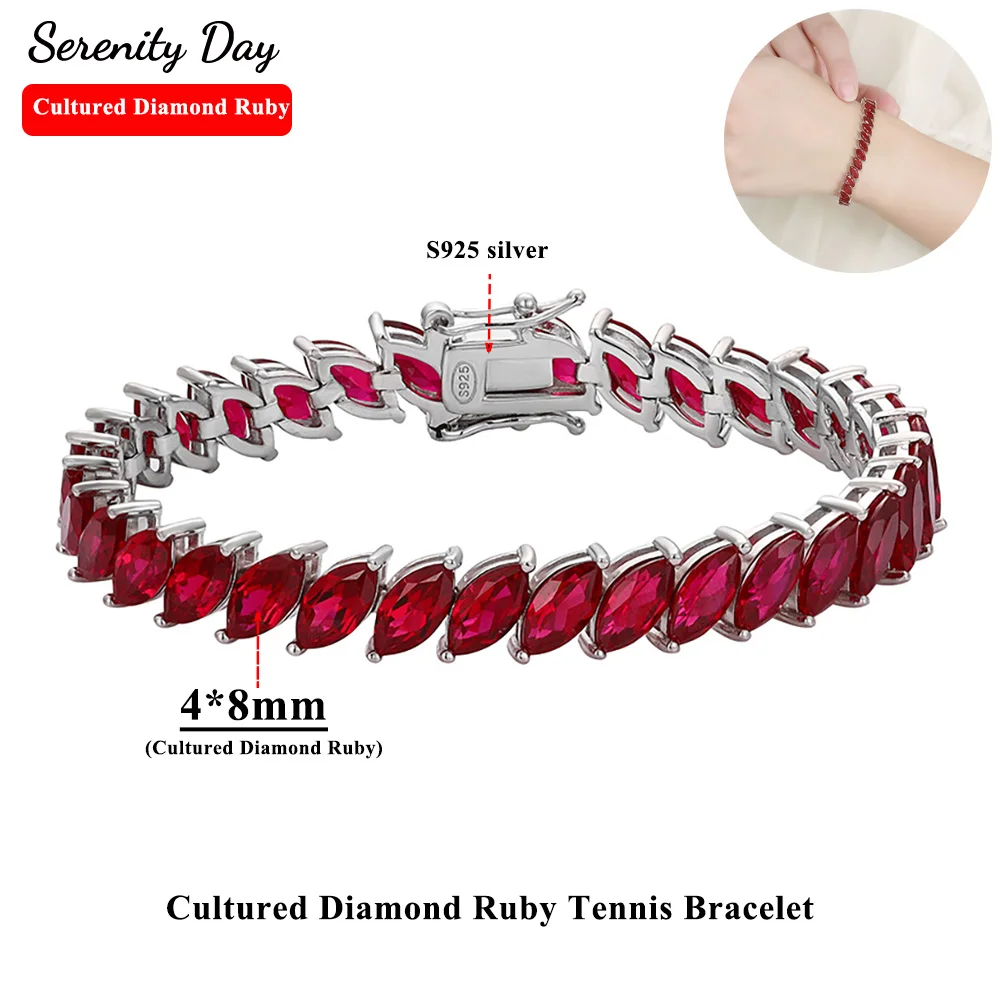 Serenity 4*8mm Marquise Shape Cultured Diamond Ruby Tennis Bracelet For Women Man Anniversary 925 Sterling Silver Handling Chain