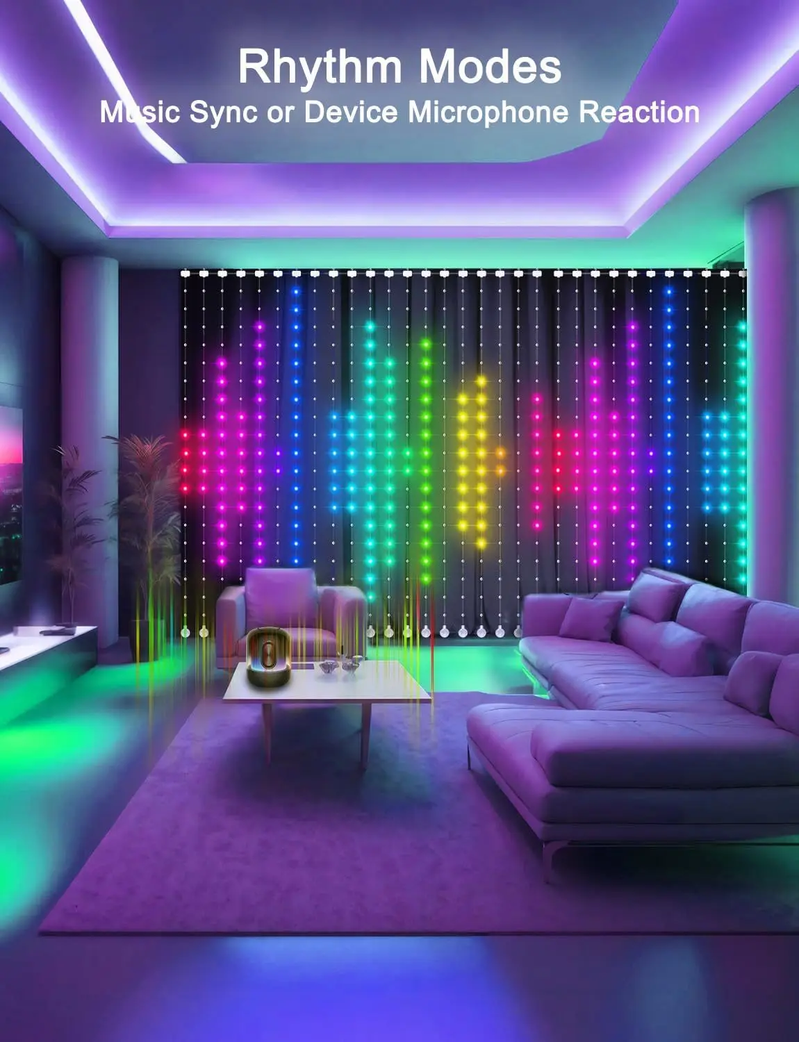 Luci a corda per tende a LED intelligenti Decorazioni natalizie per esterni Musica locale sincronizzata Telecomando a tema fiaba