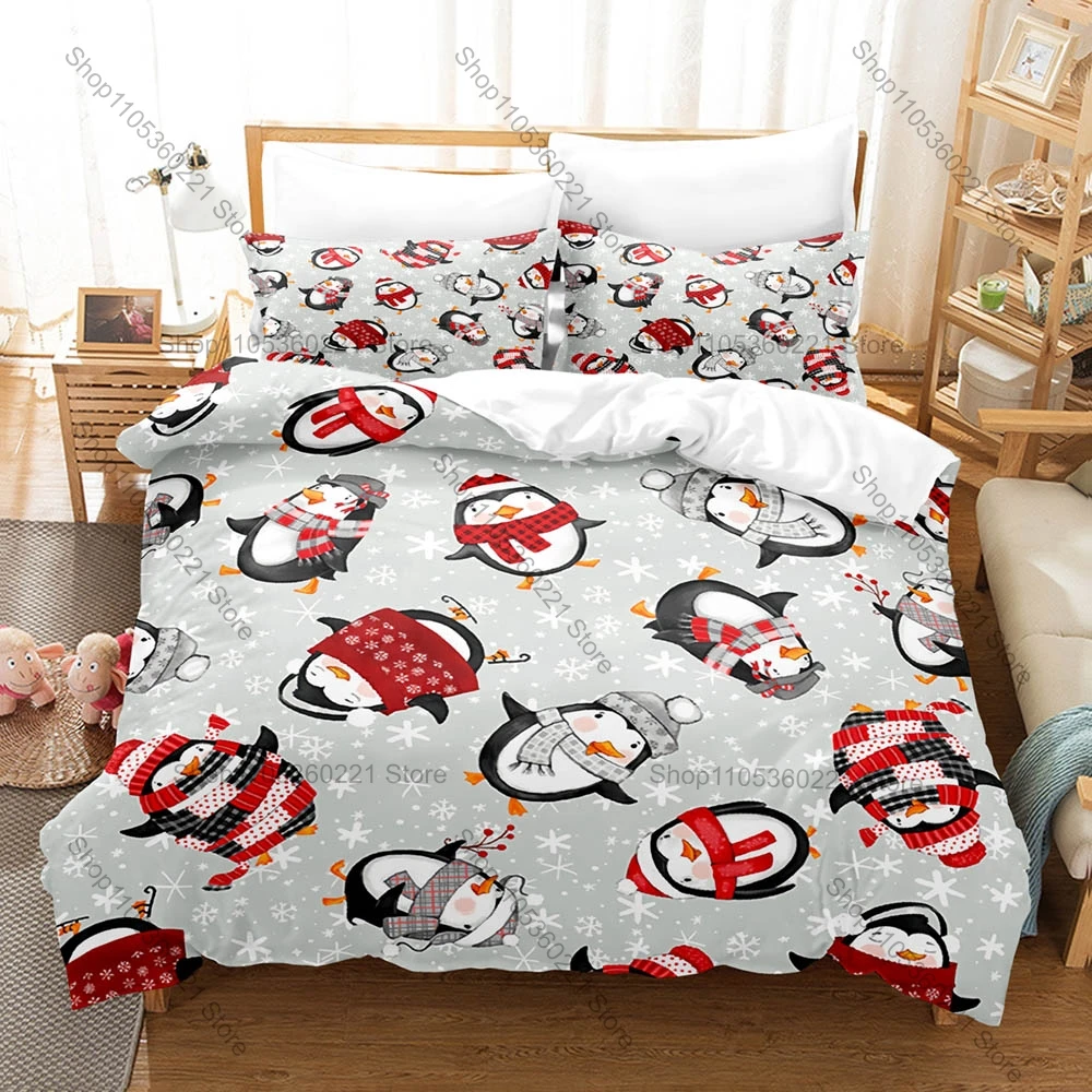 Cute Penguin Animal Duvet Cover + 2 Pillowcases 3D Print Polyester Bedding Set Kawaii Cool Bedroom Decor Bed Linens