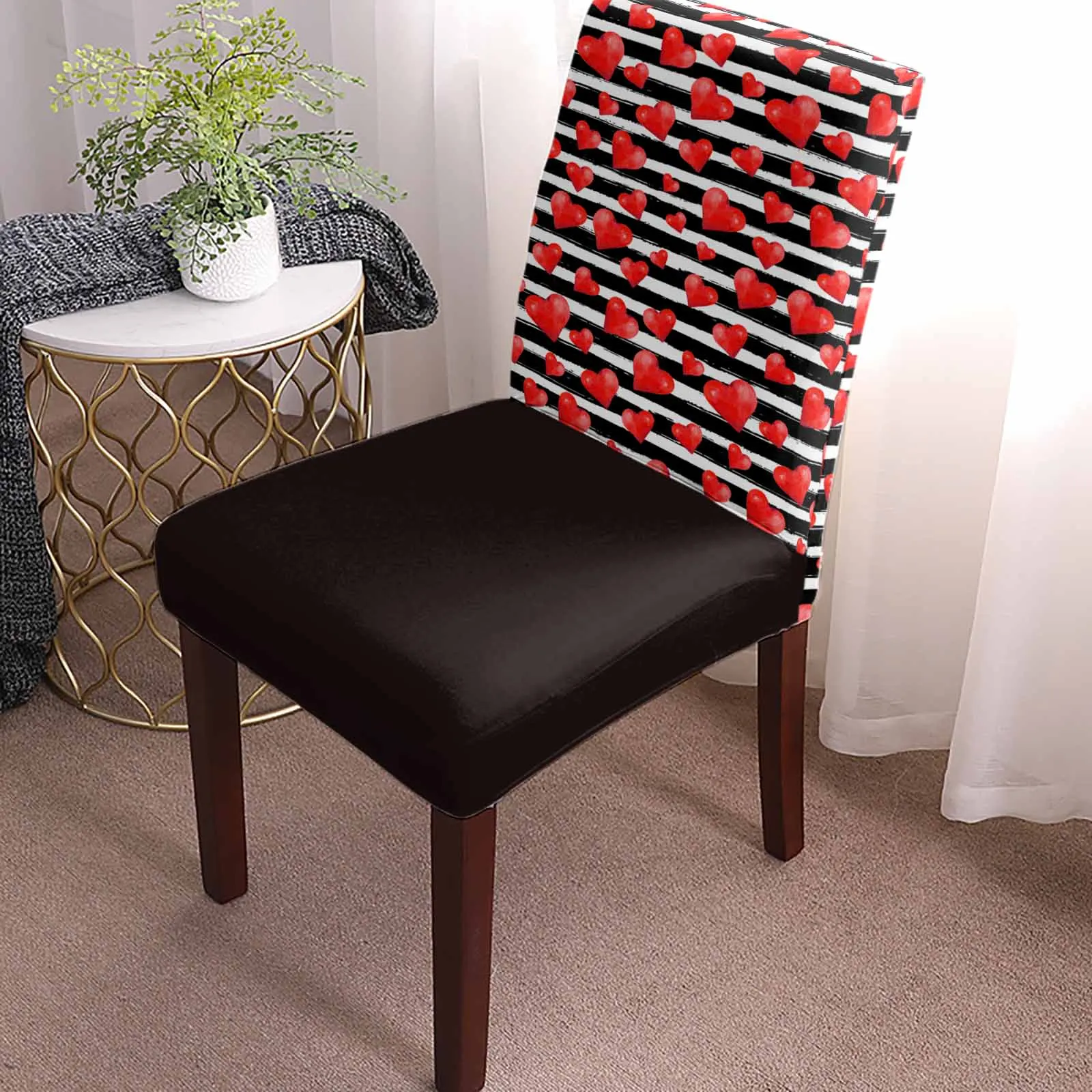 Valentine'S Day Stripes Love Texture Chair Cover Set Kitchen Stretch Spandex Seat Slipcover Home Decor Dining Room Seat Cover