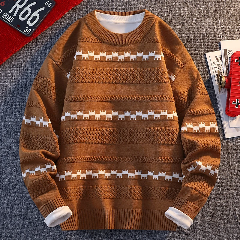 

Autumn Winter Trendy Warm Round Neck Knitted Sweater For Men's Thickened Casual Loose Sports Comfort Plus Size Sweater