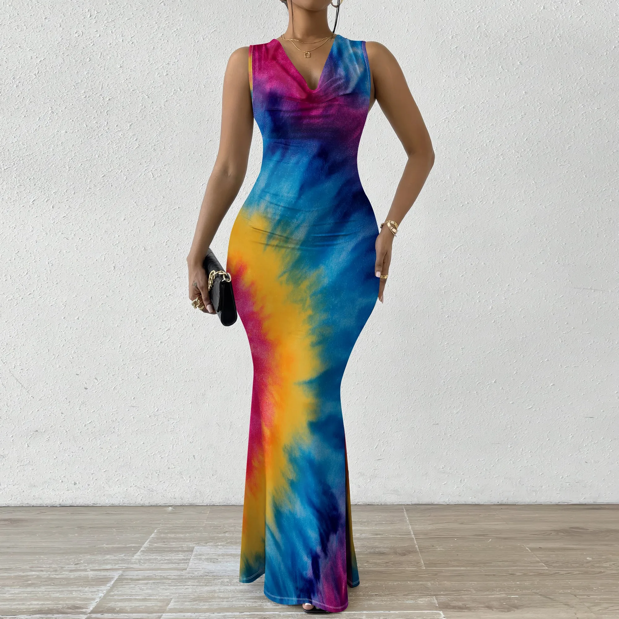 

Women's Tie Dye Maxi Dress, Sleeveless Bodycon V-Neck Long Dress for Party & Club Wear XS-2XL