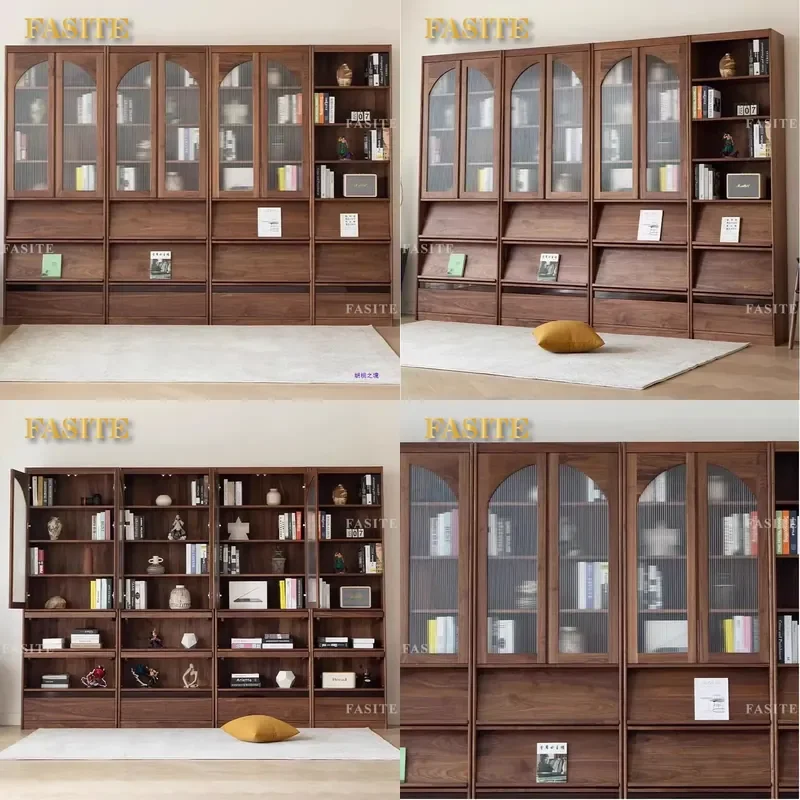 For Nordic Solid Wood Bookshelf Arched Glass Door Full Wall Living Room Simple Black Walnut Floor to Ceiling Storage Cabinet
