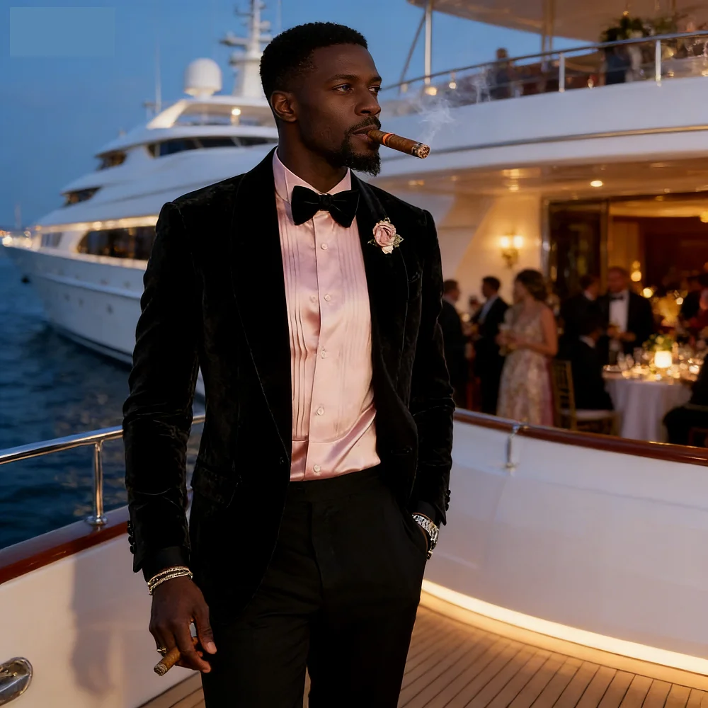 

Мужской костюм-двойка: приталенный смокинг (пиджак и брюки) для свадьбы и торжественных мероприятий.