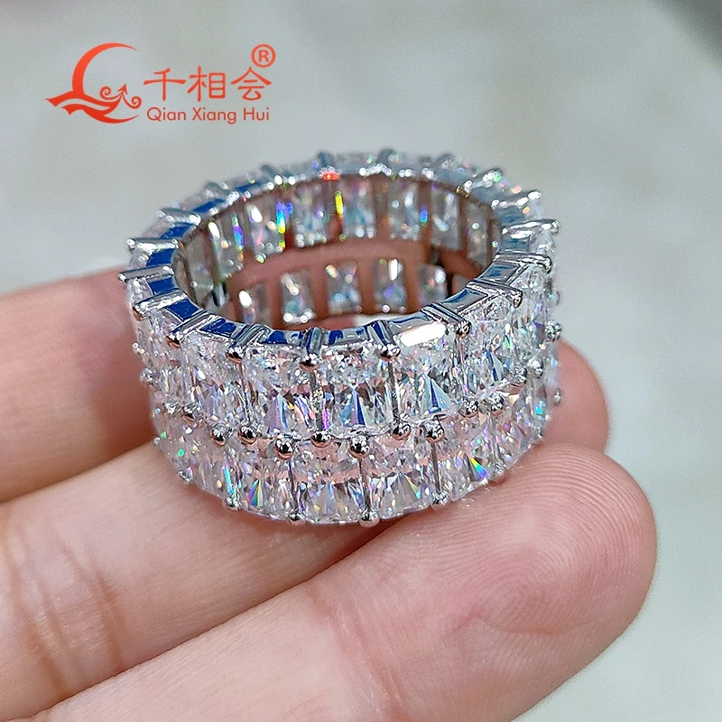 12mm width 4*6mm radiant shape double raws Full Eternity Ring Silver Moissanite Ring Men women wedding datting gift fine Jewelry