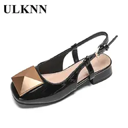 ULKNN-Sandalias de punta cuadrada para niña, zapatos de Princesa a la moda, calzado de baile de tacón bajo, color negro