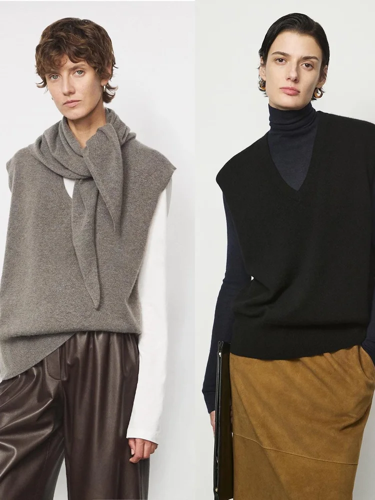 

Женский вязаный комплект из двух предметов: свободный жилет с V-образным вырезом и шарф, комфортный, мягкий, с эффектом «от плеча до плеча»