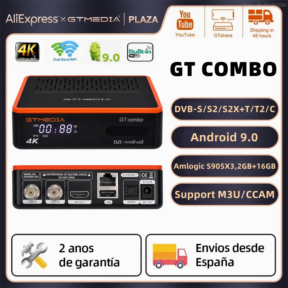 GTMEDIA GT Combo 4K UHD TDT Receptor de TV Android 9+DVB-S/S2/S2X,DVB-T/T2/C,HEVC 10Bit, Wifi incorporado TV BOX Stock en almacén de la UE