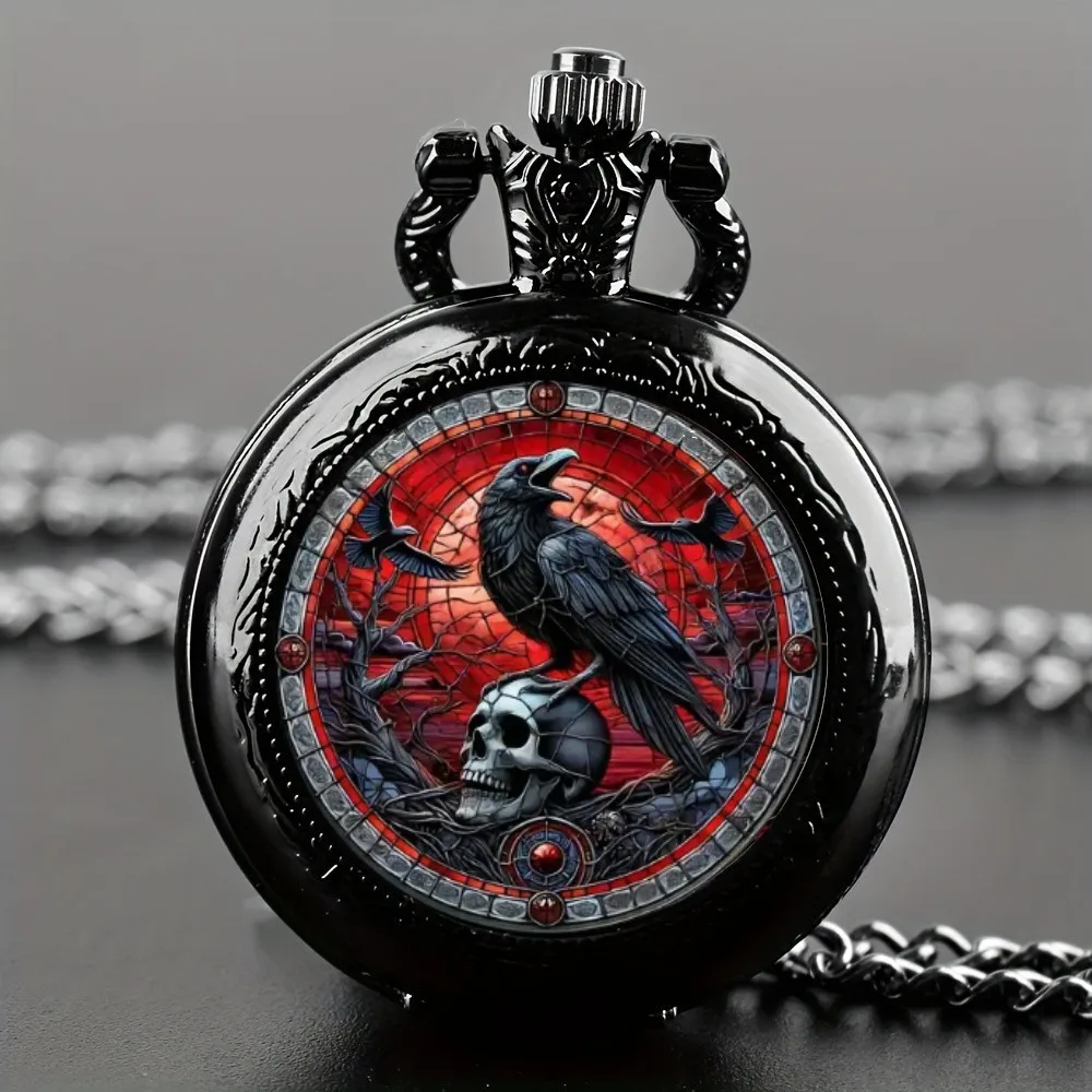 

Exquisit Vintage Crow Pocket Watch Necklace for Youngsters - Cute Animal-Themed, Black Alloy with Quartz Movement,Great Gift for