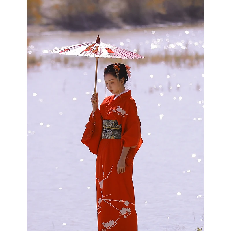 

Women's Traditional Japanese Kimono Yukata Robe Red Color Winter Plum Prints Performing Dress Cosplay Clothing