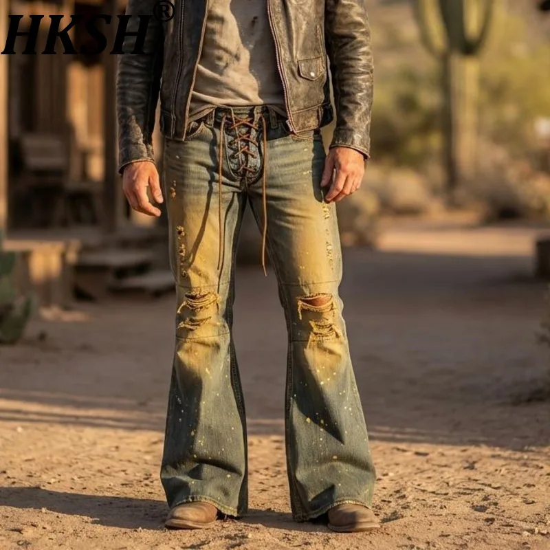 

Мужские джинсы HKSH Spring New: расклешенные, темные, винтажные, в стиле Ins Streetwear, легкие люксовые, с эффектом брызг краски и грязевого окрашивания, модель HK21657