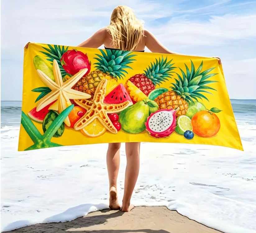 Ocean Themed Beach Towel, Microfiber Sandproof Quick Dry Starfish Shell Print Bath Towel for Summer Vacation