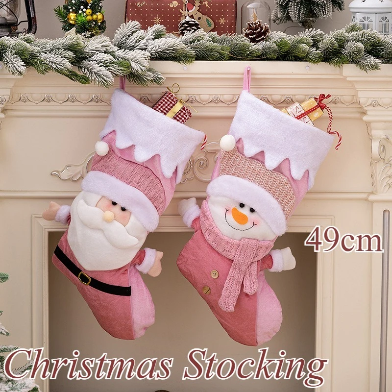 

Christmas Stocking Pink Snowman Santa Claus Cartoon Pattern Home Holiday Party New Year Candy Gift Bag Christmas Tree Decoration