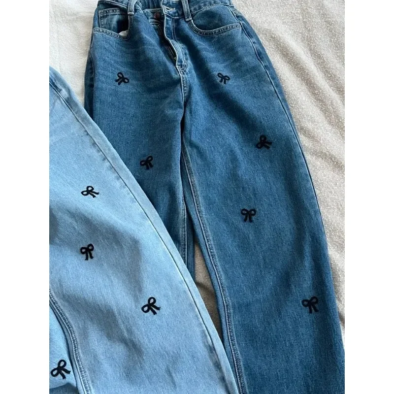 South korea Chic Spring  Design Sense Bow Embroidered High Waist Slimming Wide Leg Mopping Jeans Trousers Women