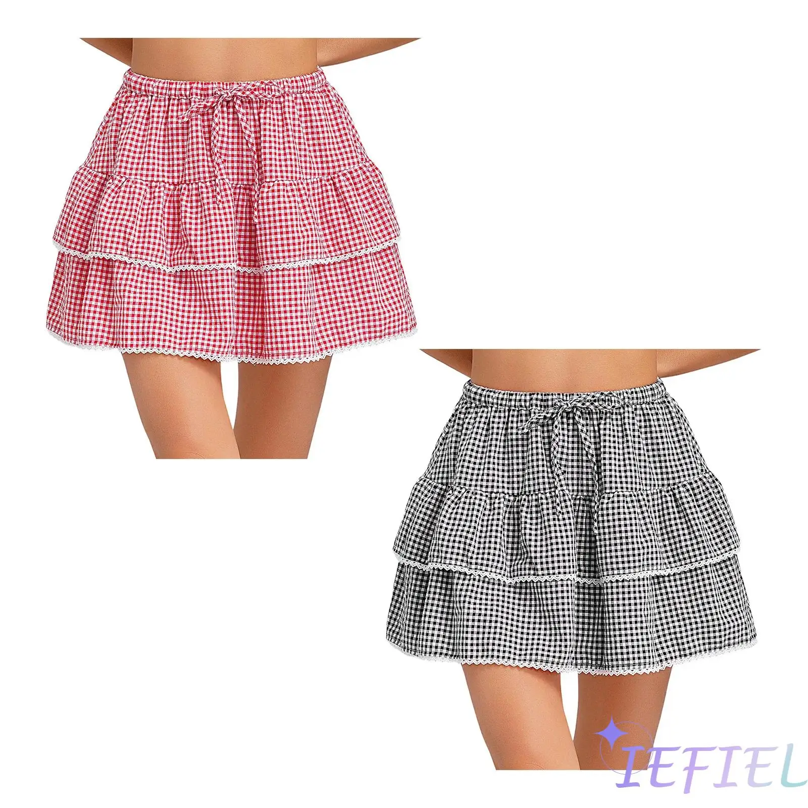 

Women Cute Plaid Tiered Ruffled Skirt Casual Drawstring Elastic Lace Trim Skirts for Streetwear Party Vacation Beach Daily