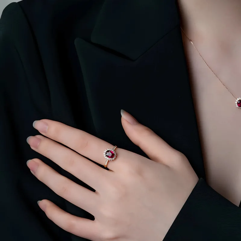 925 الفضة خمر خاتم الأحجار الكريمة الأحمر 5A زركونيا خواتم للنساء 18K مطلية بالذهب المشاركة الزفاف الفرقة قرط الاذن المرصع