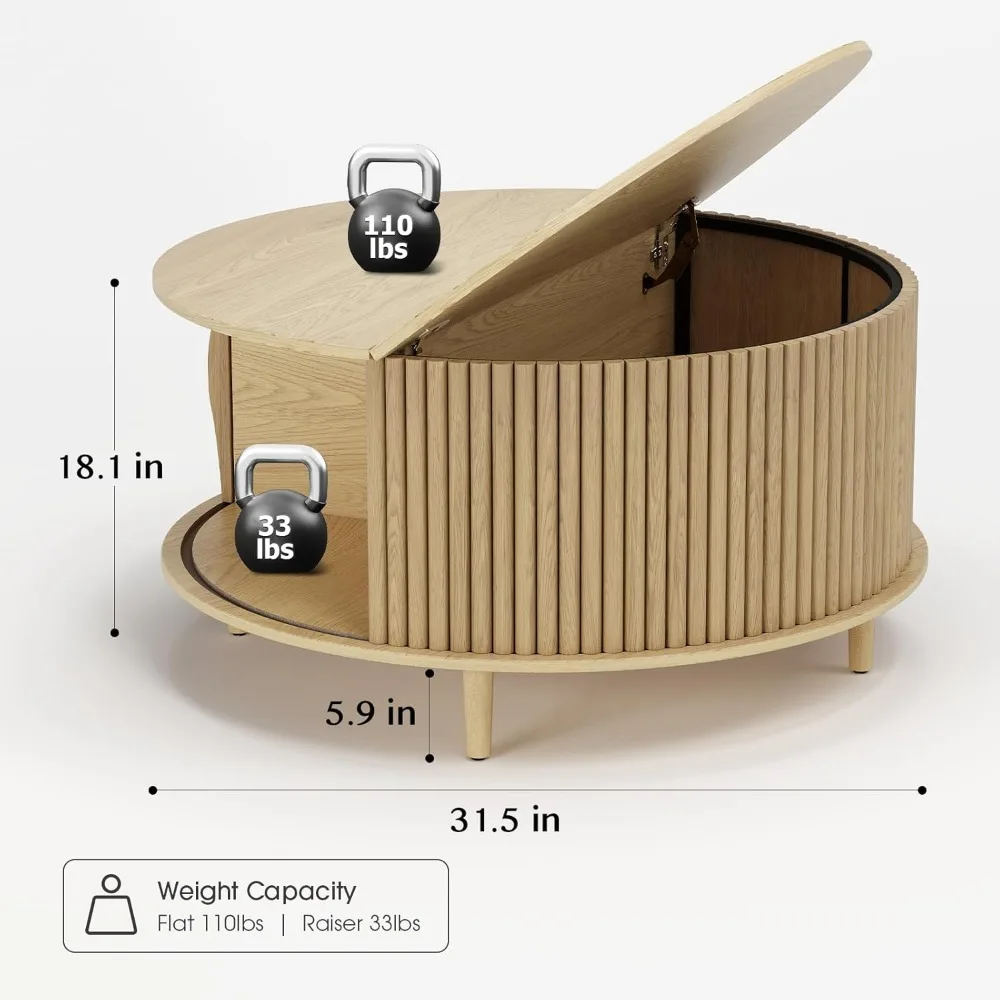 Round Coffee Table with Storage,Mid Century Modern Coffee Table with Sliding Cabinet Door,Wood Coffee Table for Living Room