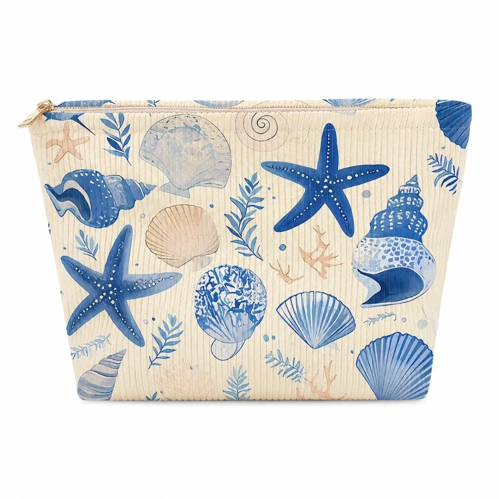 Starfish Shell Print Storage Makeup Pouch Large Capacity Ocean Animal Travel Toiletry Bag 2D Printed Zipper