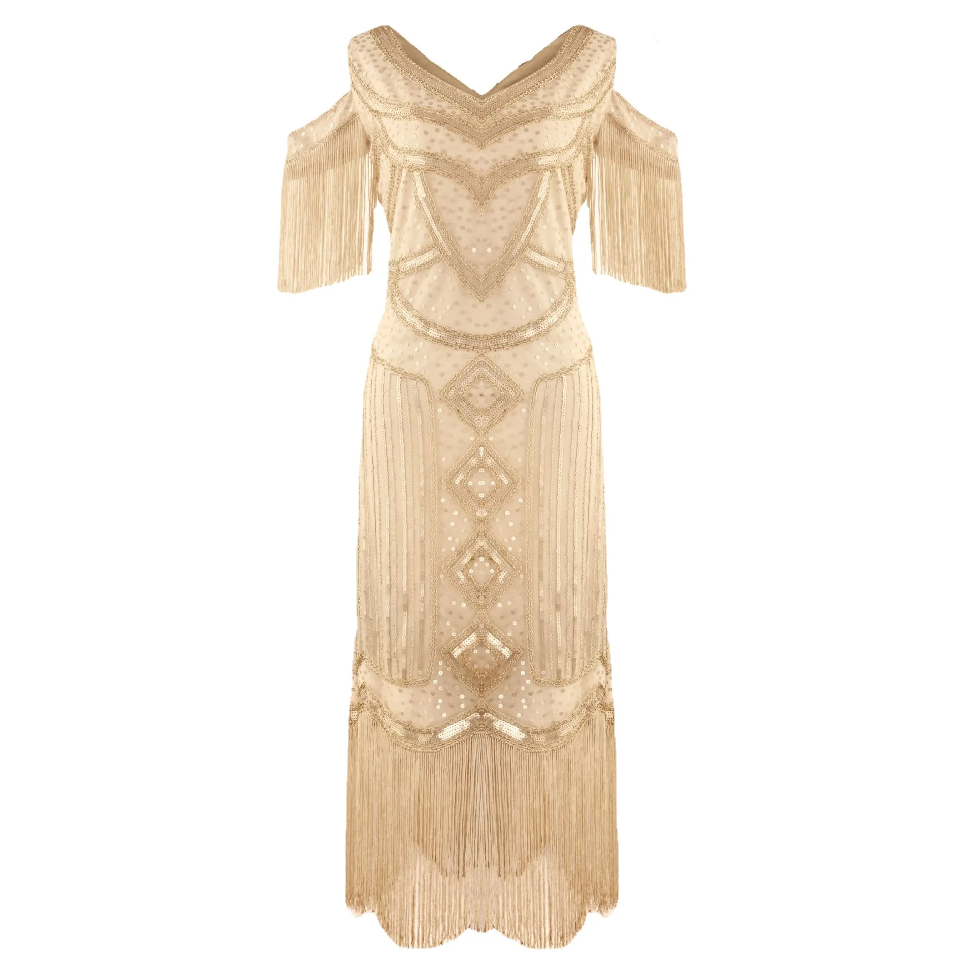 2023 Summer Vintage 1920s Flapper Great Gatsby Dress V-Neck Cap Sleeve Sequin Fringe Party Midi Evening Dress Vestidos Verano