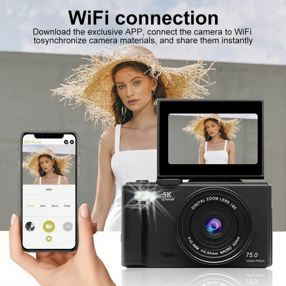 

Compact Digital Photography Camera 5K 18X Digital Zoom Vintage Vlog Video Recorder YouTube 180° Flip Screen Selfile WiFi Web Cam