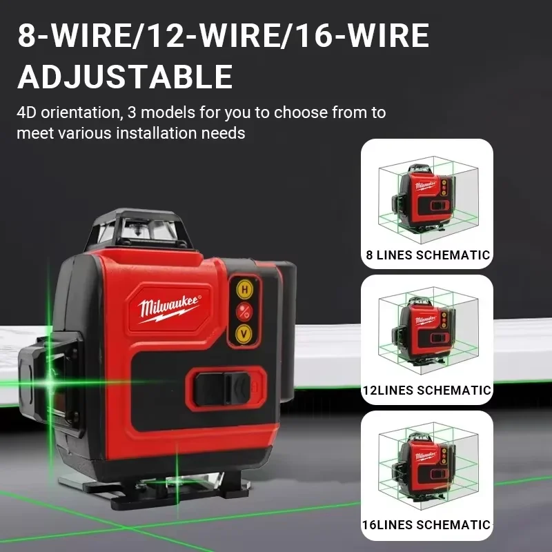 Milwaukee High Precision 8D16X 16 Lines 4D Laser Level Green 360° Self-Leveling, Remote Control, ±0.2mm/m for construction sites