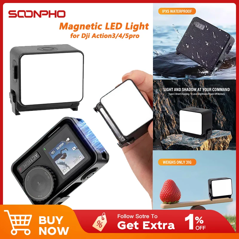

Soonpho Magnetic Fill LED Lights for DJI Action 5 Pro/4/3 Portable Waterproof Selfie Light Mini LED Action Camera Video Lights
