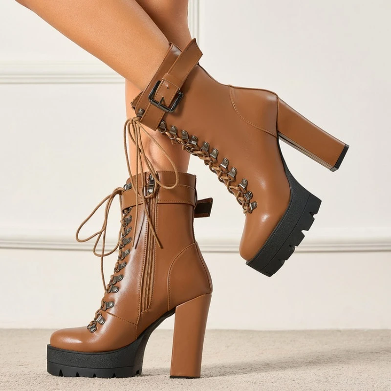 

Новые короткие ботинки на высоком каблуке с перекрестным ремешком и пряжкой 11,5 см, повседневные черные женские ботинки в европейском и американском стиле для поездок на работу и покупок