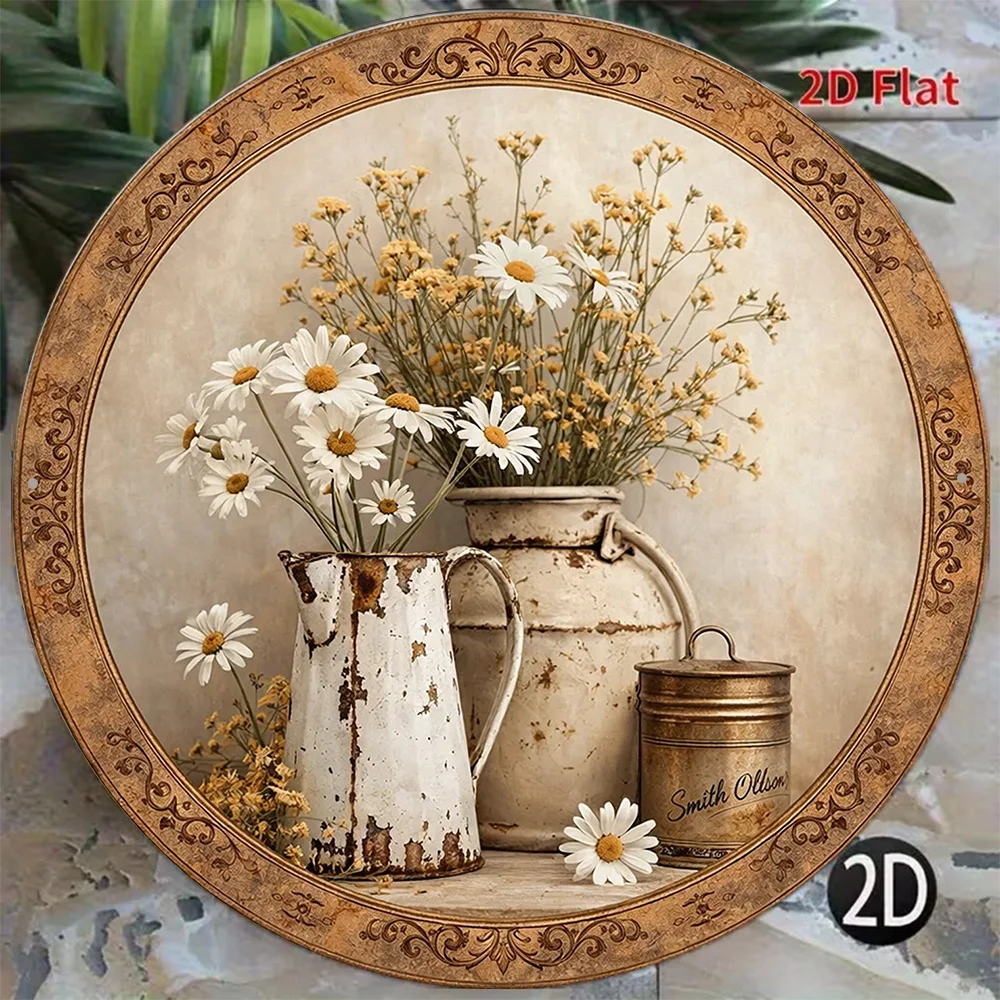2D Flat, 1pc 1pc 1pc Suitable for Decorating Vintage Daisy Round Sign - 8X8In/20X20Cm Rustic Farmhouse Wall Decor with Daisy Flo
