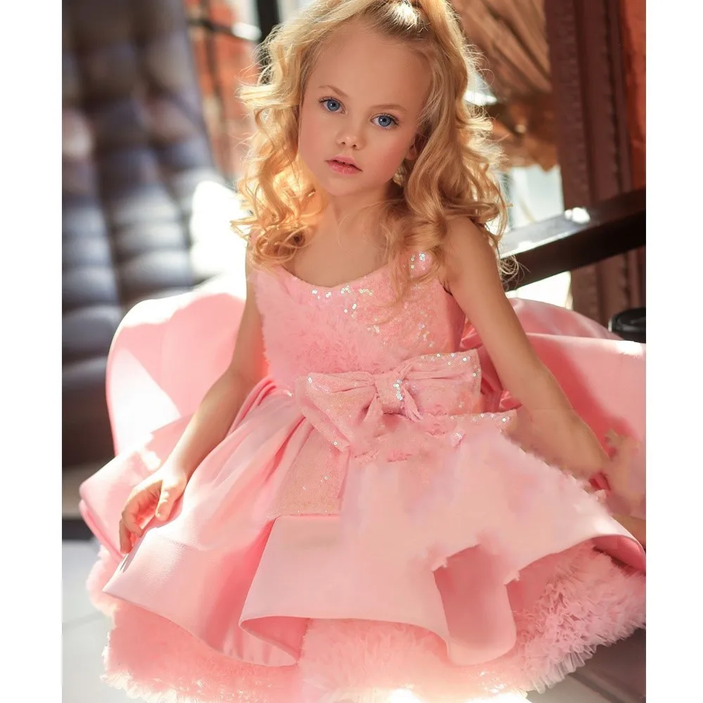 Vestidos elegantes y exquisitos de color rosa para niña, vestidos de invierno con lazo y lentejuelas, vestido de boda y Navidad, vestidos de comunión, regalo de cumpleaños para niños