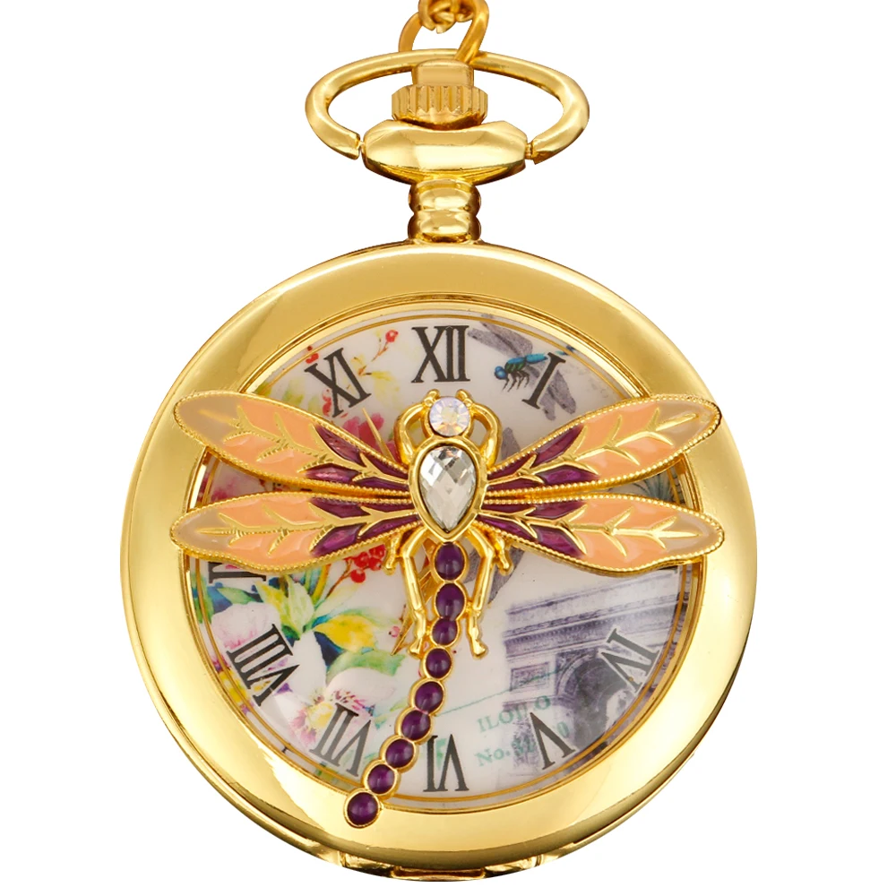 Exquisite Insect Dragonfly Specimen Gold Cute Mini Quartz Pocket Watch Men and Women Necklace Clock Fashion Gift Accessories