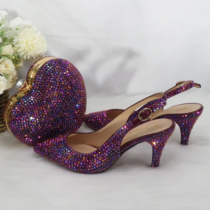 2022 New Arrival Heart  Rose Purple Bling Pointed Toe Wedding Shoes and bag Woman High Pumps Thin Heel Party Shoes Slingbacks