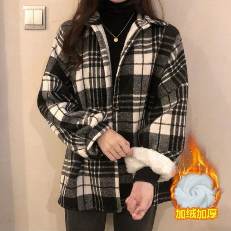 QWEEK Plaid Vintage Fleece Shirt Korean Style Office Harajuku Women's Blouse Oversized Long Sleeve Button Up Outerwears Winter