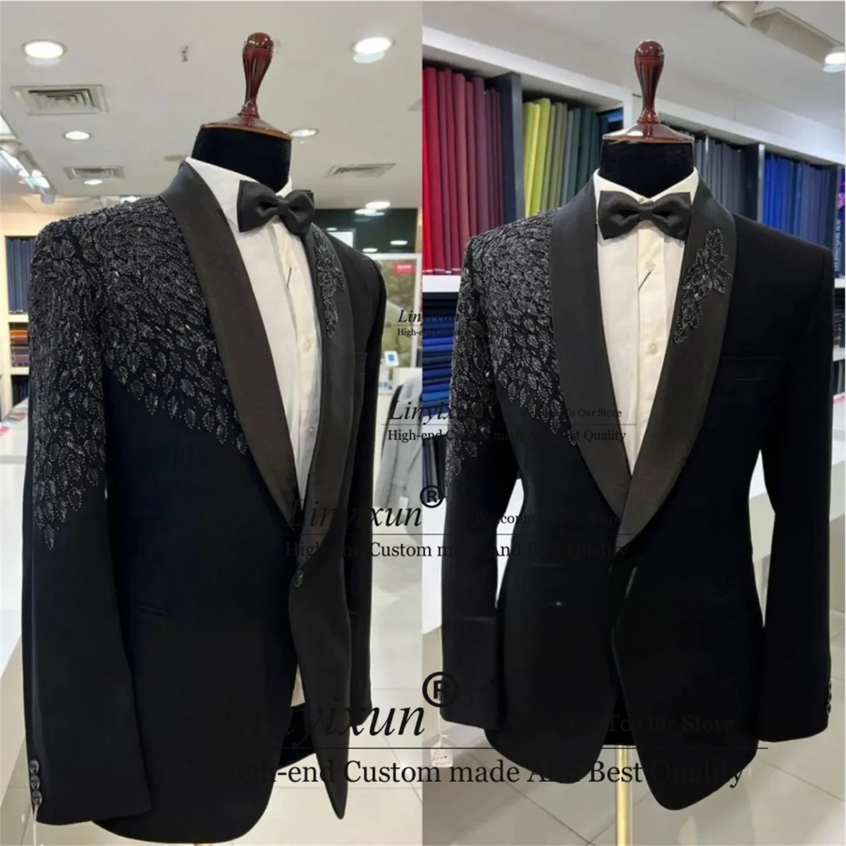 Formal Black Men Suits 2 Pieces Sets Male Prom Blazers Luxury Beaded Crystals Groom Wedding Tuxedos Slim Fit Costume Homme