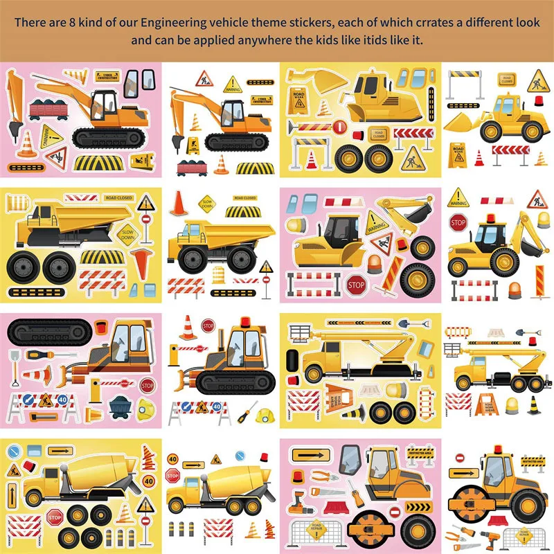 6-24Sheets Construction Truck Stickers Kit DIY Engineering Vehicles Stickers Make Your Own Fire Trucks Excavator Jigsaw For Kids