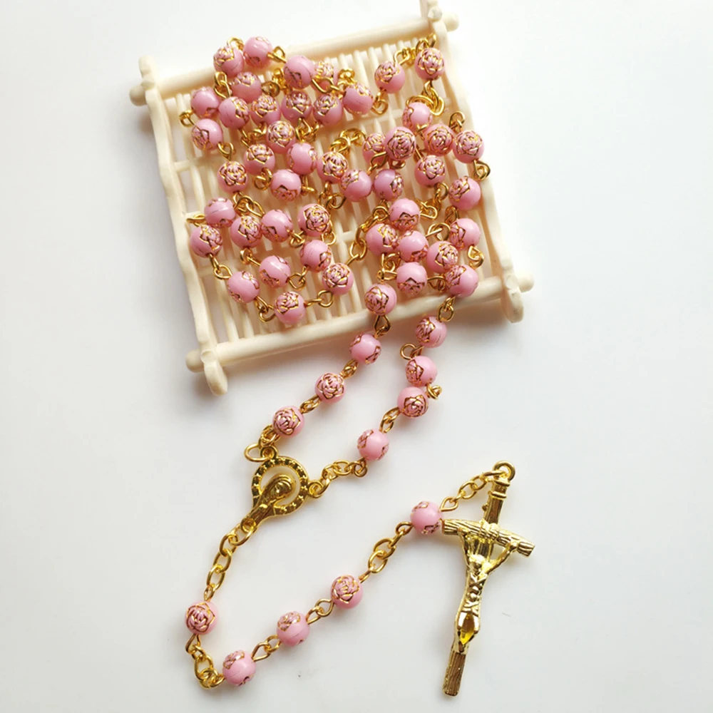 Cottvott-cadena de cuentas de rosa rosa, coroneta de oración, medalla de la Virgen María de Color dorado, crucifijo, Cruz, Rosario, collar, joyería para bautismo, regalos