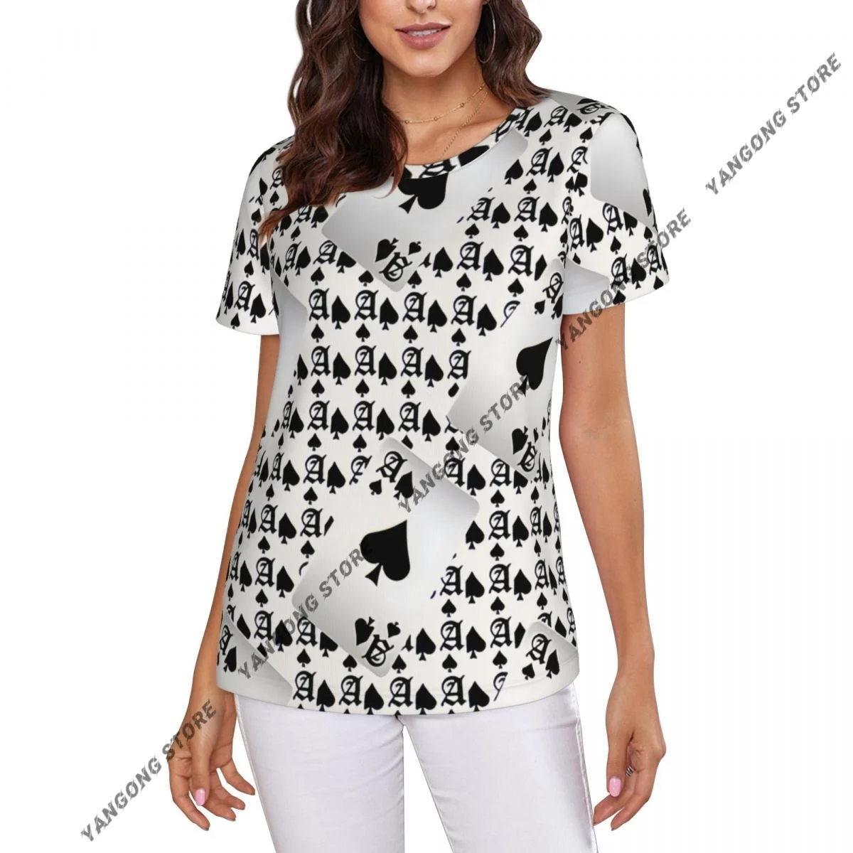 Casual Summer Woman Skinny Fit T-shirt Tight Short-Sleeve O-neck Tee Basic Playing Cards T Shirt