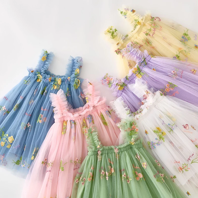 Children Dresses Summer Mesh Cute Girls Dress Floral Embroidery Princess Dress For Girls 1 Birthday Party Suspenders Vestido